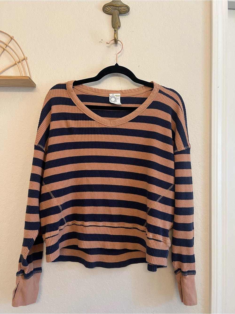 OFFLINE by Aerie Striped Waffle Knit V-Neck Top S/P Thumbholes Oversized